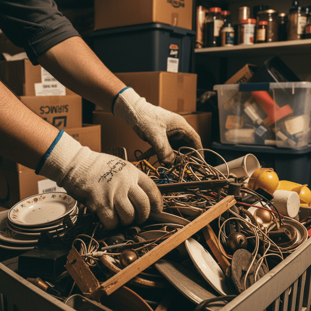 Worker sorting through household junk in a residential garage