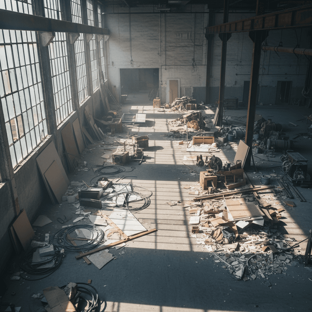Commercial construction debris and renovation waste on a job site