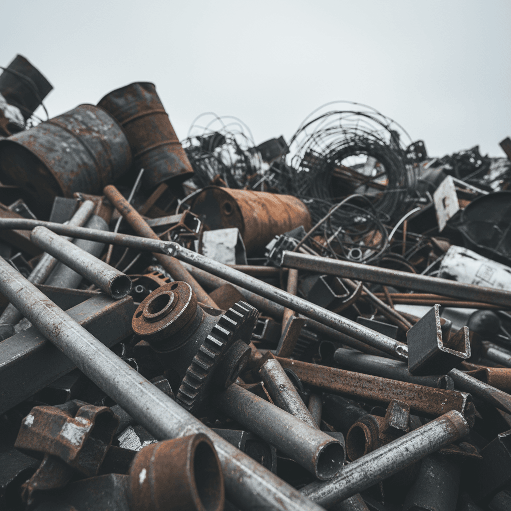 Close-up detail of tangled metal pipes and scrap metal materials ready for recycling